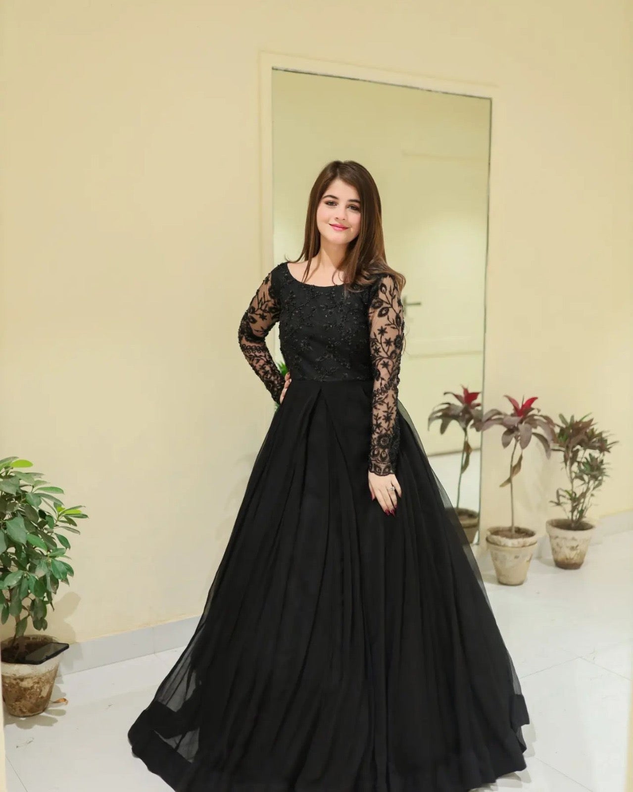 Sequence Embroidery work on Net Neck & Sleeves over Chiffon Maxi 👗