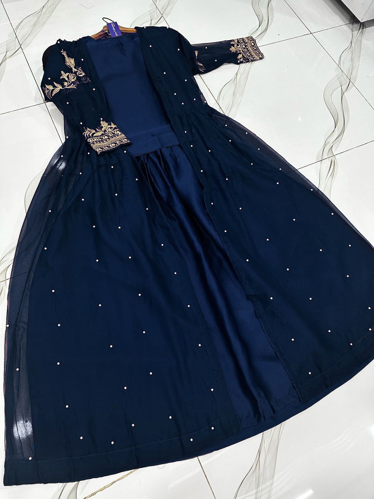 Embroidered With Front And Back Pearls Attached Gown And Embroidery Belt Attached Skirt With Top 3Pcs 👗❤️