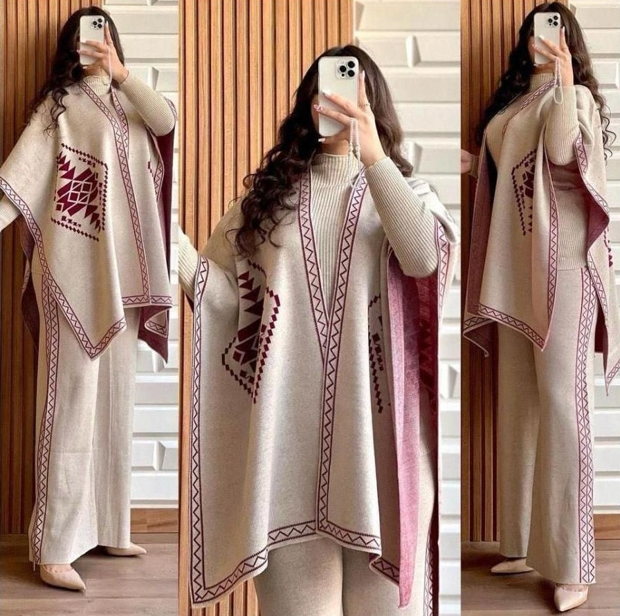 Front And Back Printed Upper Shawls With Plain Inner long Sleeves High Neck and Trouser 3Pcs
