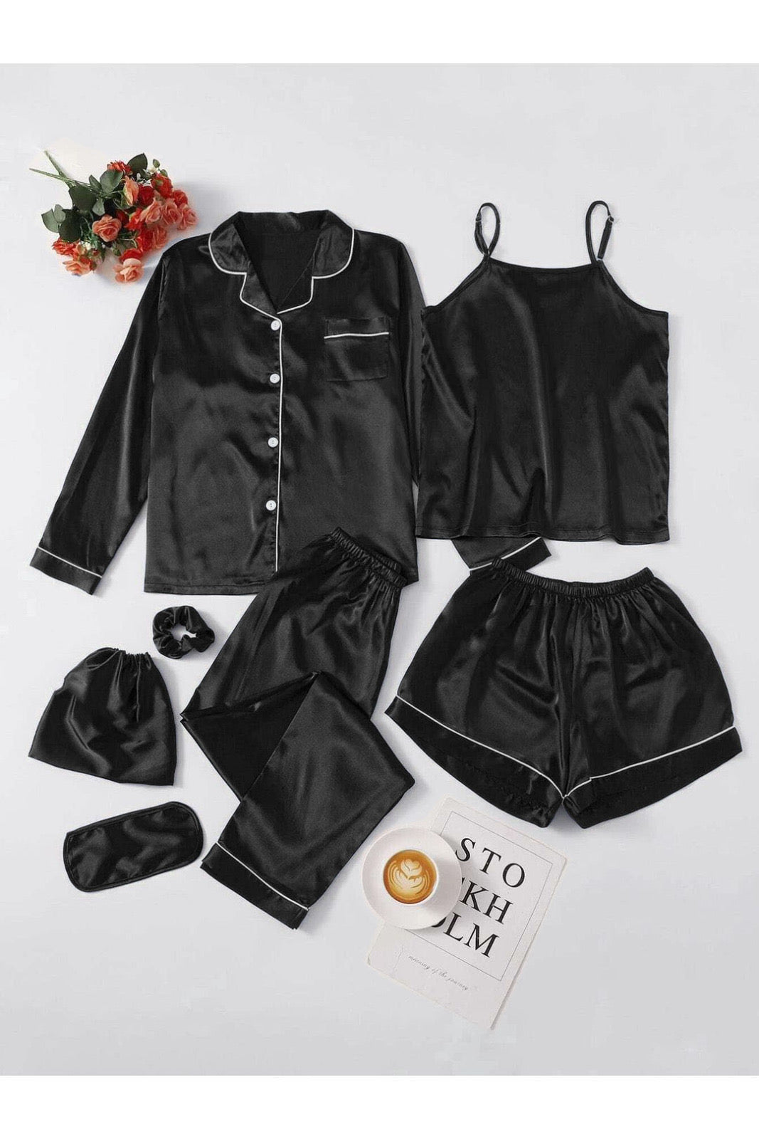 7PCs Silk Piping Night suit