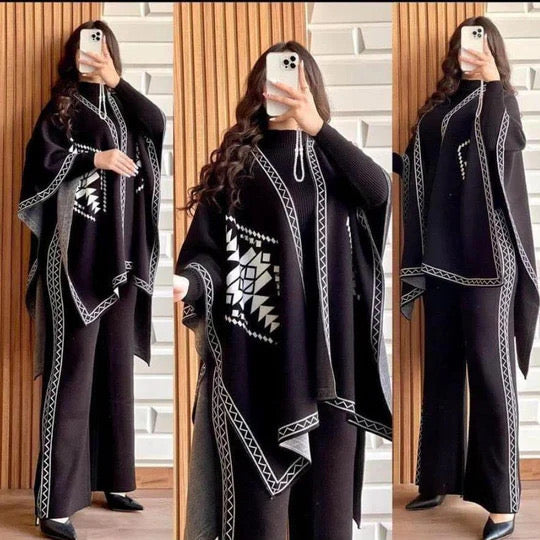 Front And Back Printed Upper Shawls With Plain Inner long Sleeves High Neck and Trouser 3Pcs