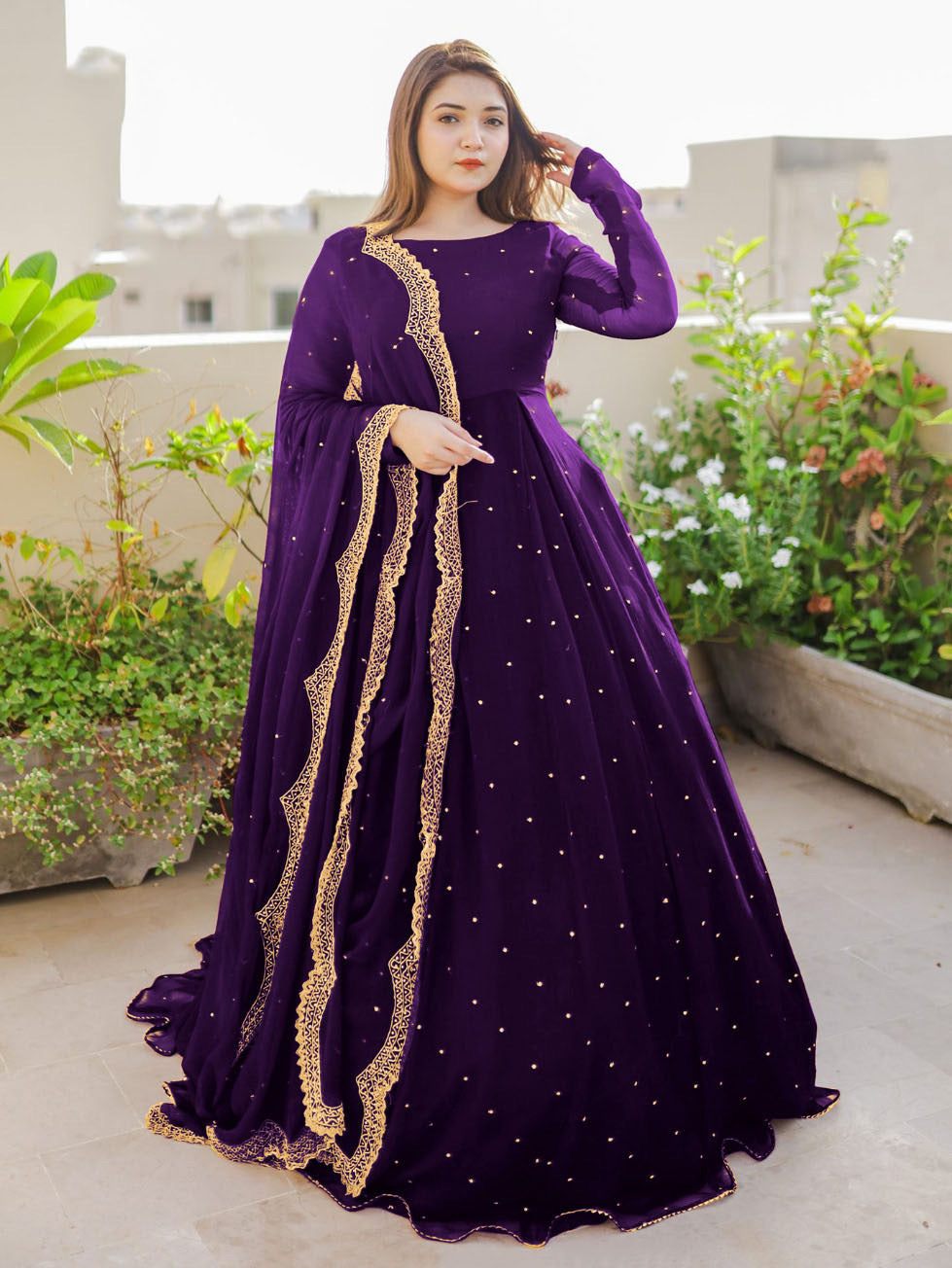 💕Pearls With Lace Work Long Flare Maxi with Embroidered and Pearls Dupatta and Trouser 3PCs ❤️