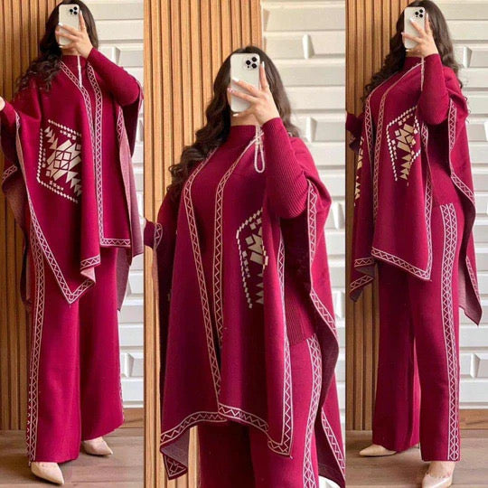 Front And Back Printed Upper Shawls With Plain Inner long Sleeves High Neck and Trouser 3Pcs