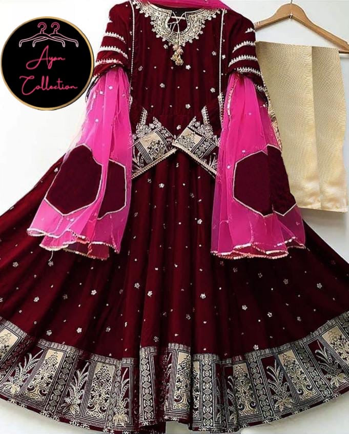 Neck,Border Heavy Embroidery With Two Colours Dupatta 3pcs 😍