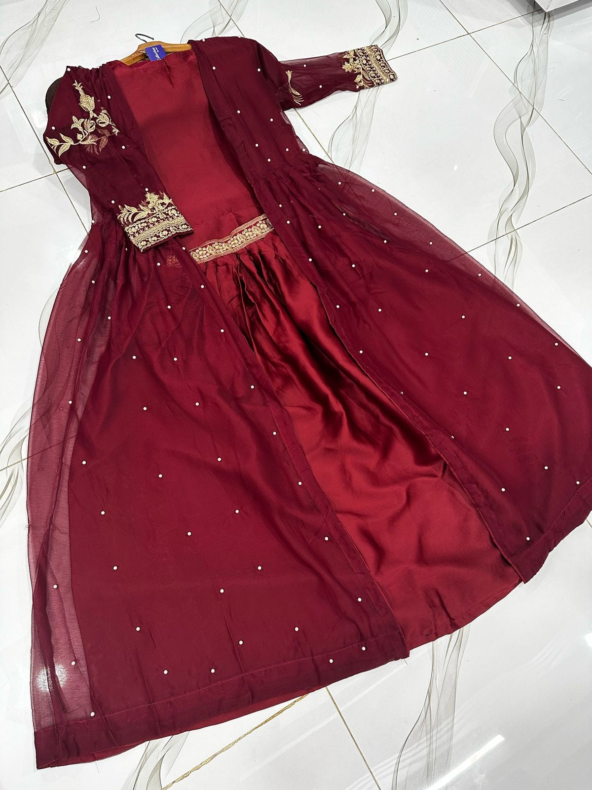 Embroidered With Front And Back Pearls Attached Gown And Embroidery Belt Attached Skirt With Top 3Pcs 👗❤️