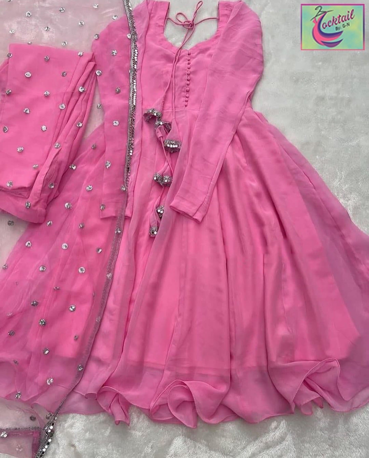 Chic V Neck Chiffon Maxi Set with Lace Dupatta (3PCs)