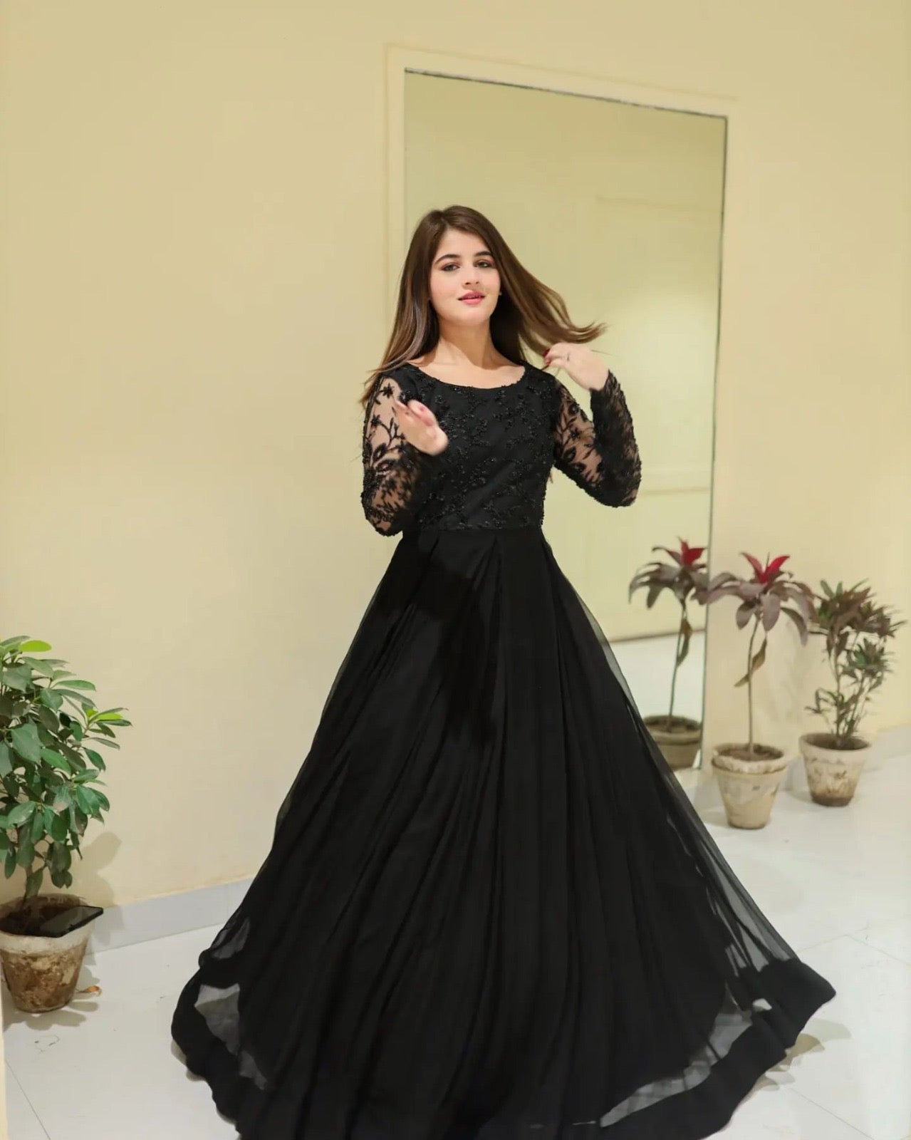 Sequence Embroidery work on Net Neck & Sleeves over Chiffon Maxi 👗