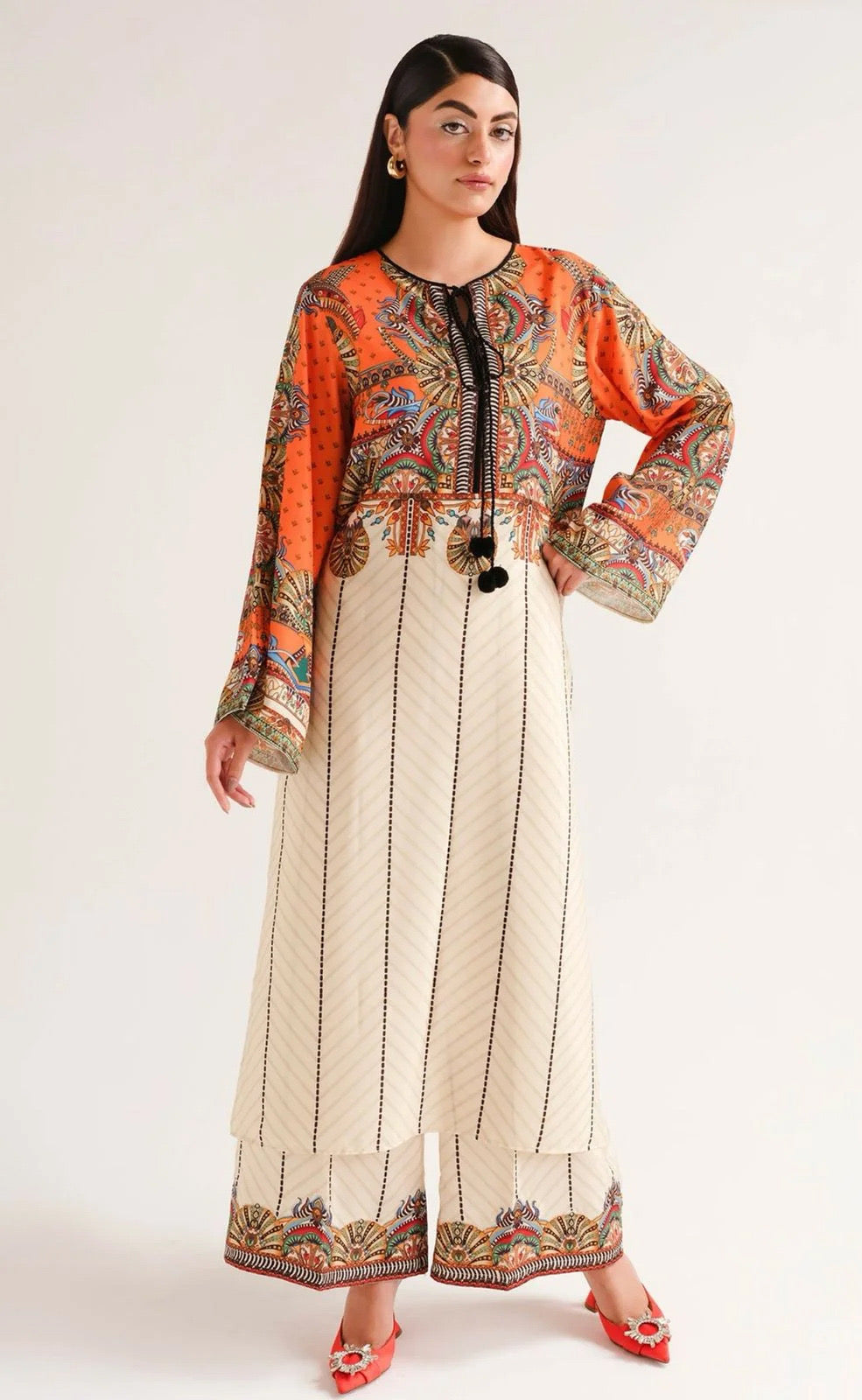 Front Dori Orange Printed Long Shirt With Printed Flapper 2Piece