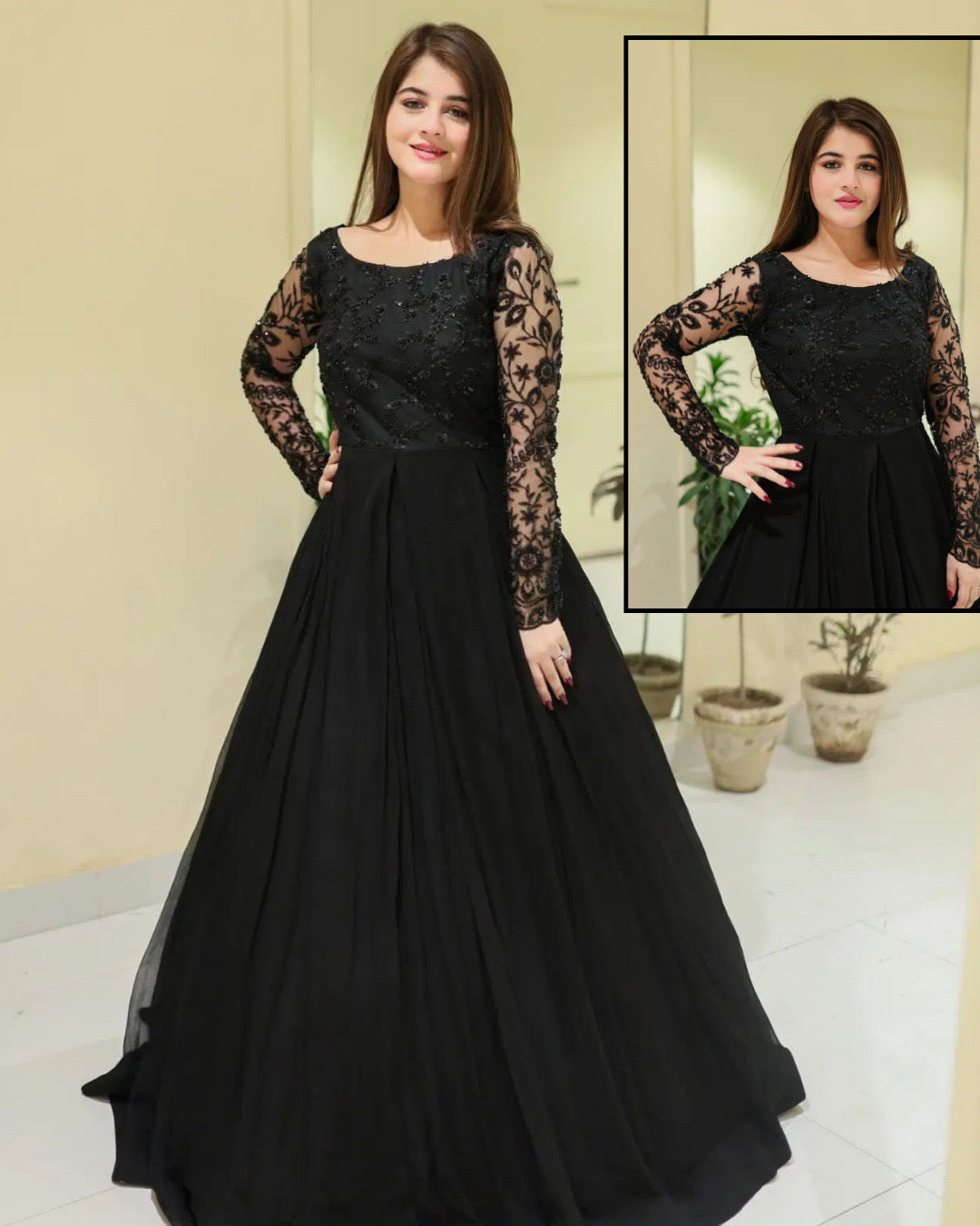 Sequence Embroidery work on Net Neck & Sleeves over Chiffon Maxi 👗