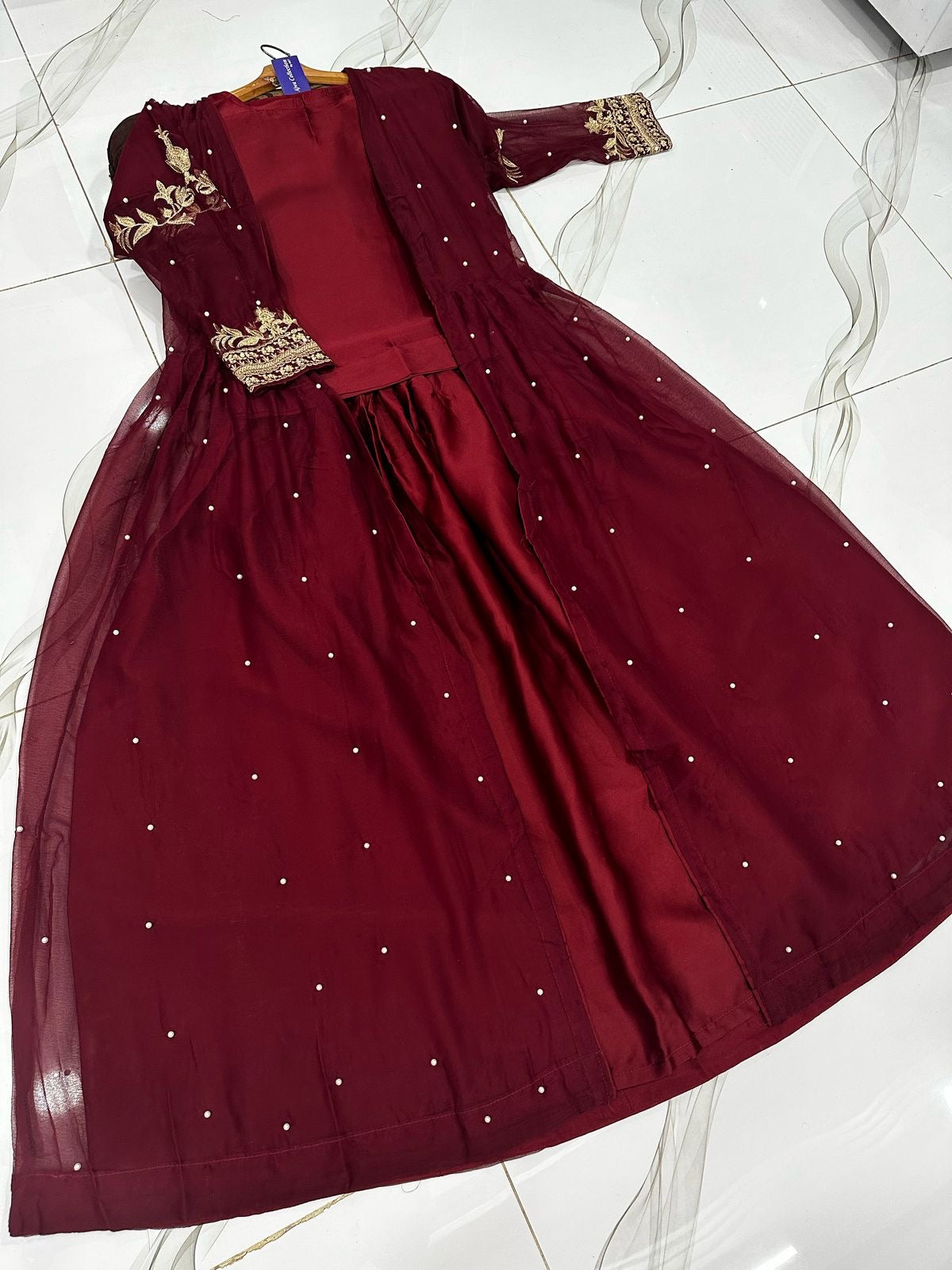 Embroidered With Front And Back Pearls Attached Gown And Embroidery Belt Attached Skirt With Top 3Pcs 👗❤️