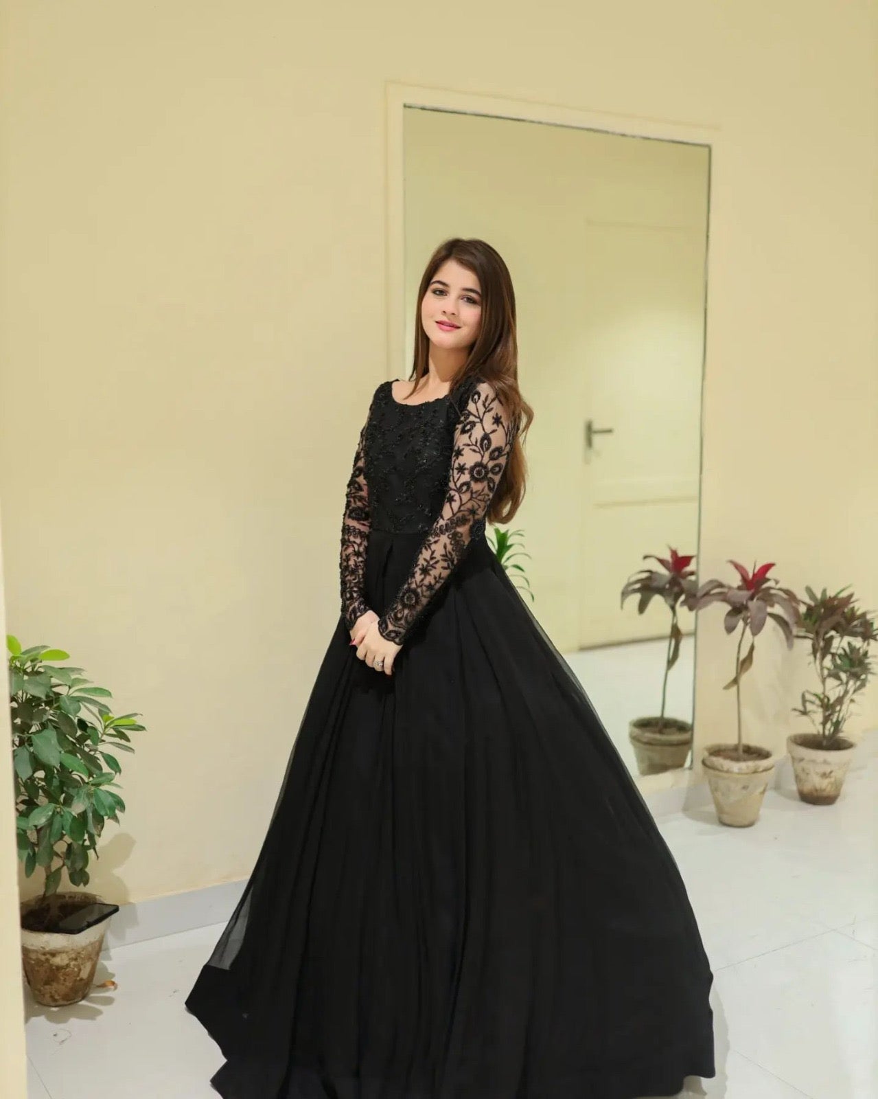 Sequence Embroidery work on Net Neck & Sleeves over Chiffon Maxi 👗