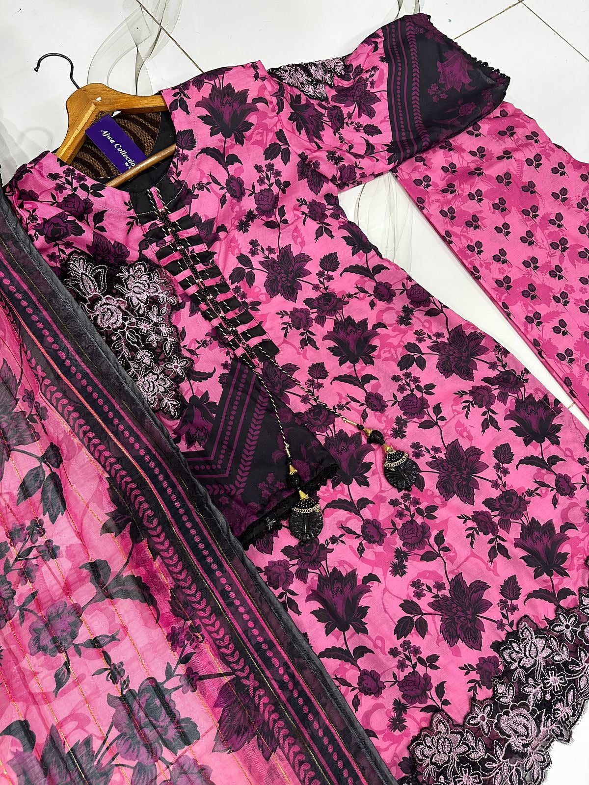 ❤️Front And Back Allover Digital Printed Handwork Shirt With Flapper Cord Set 3Pcs😍
