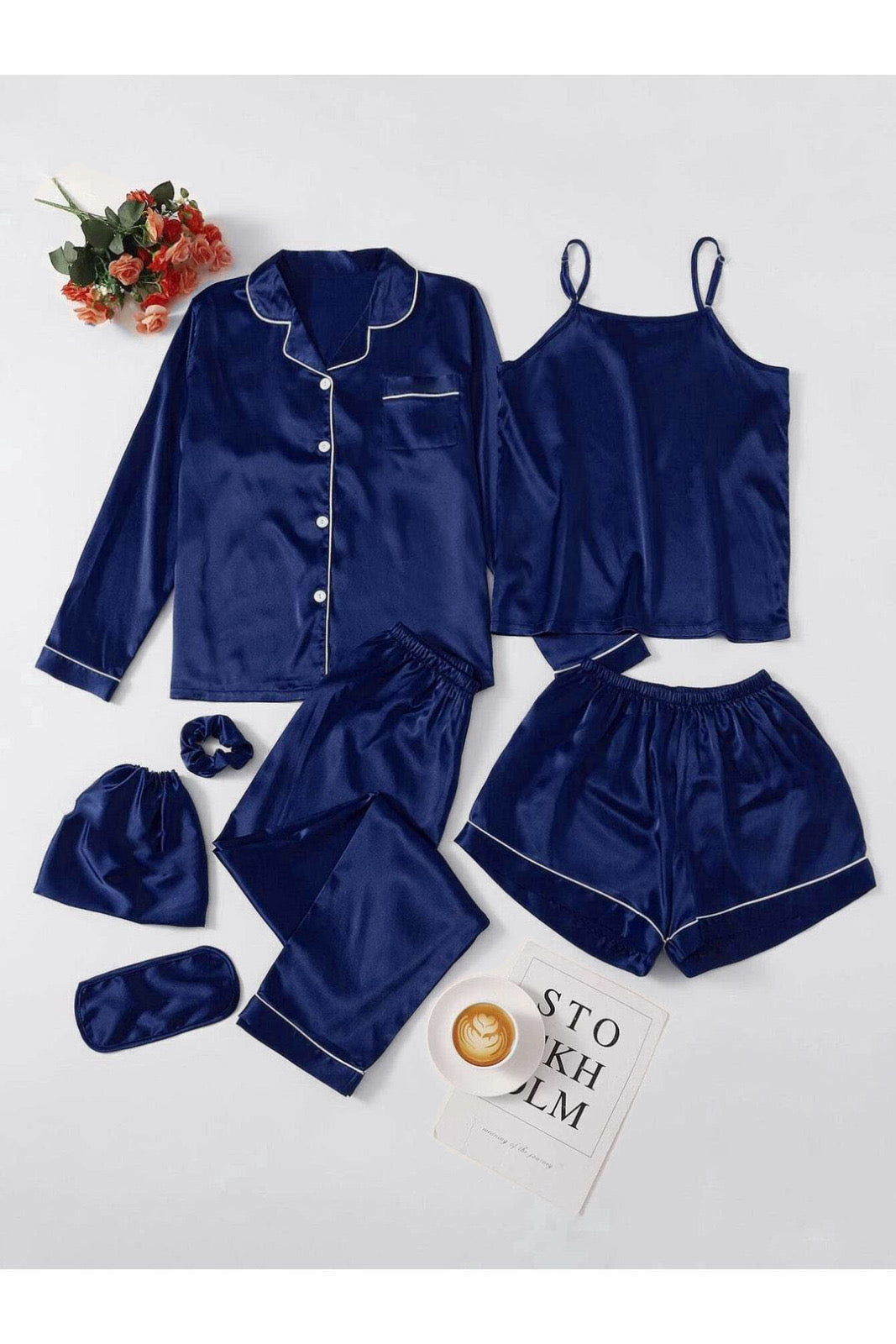 7PCs Silk Piping Night suit