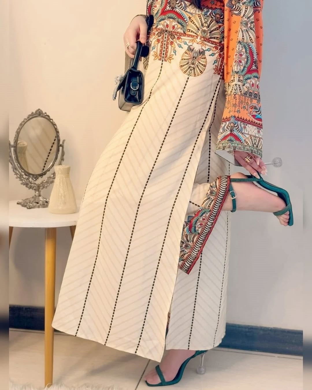 Front Dori Orange Printed Long Shirt With Printed Flapper 2Piece