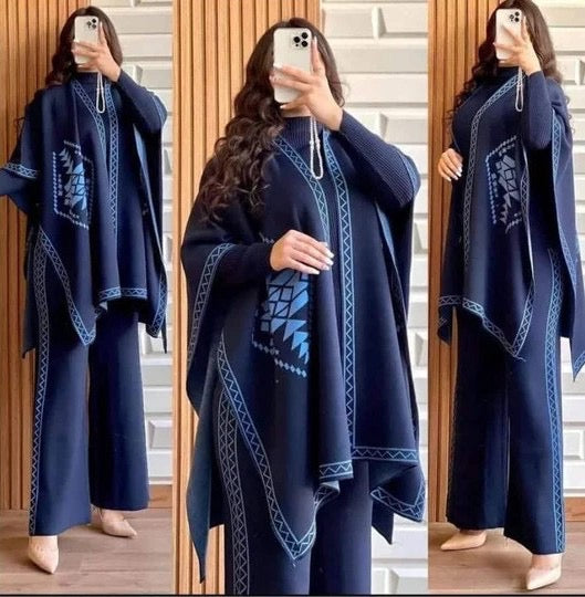 Front And Back Printed Upper Shawls With Plain Inner long Sleeves High Neck and Trouser 3Pcs