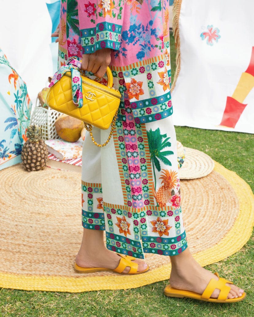 PALM PRINT SUMMER SUIT WITH EMBROIDERED DETAILS