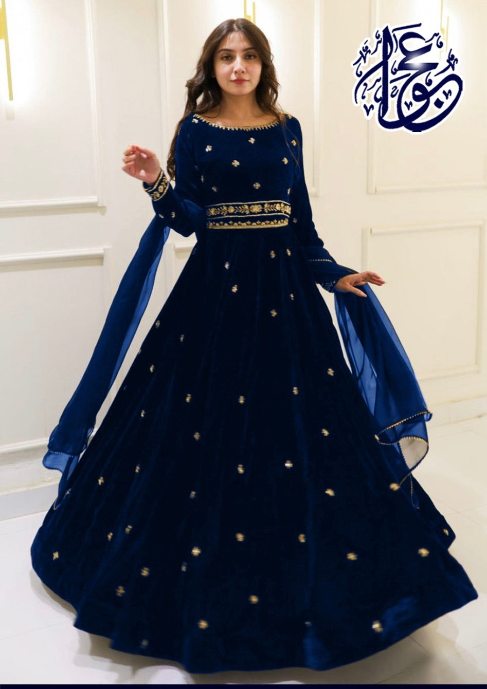 Neck,Sleeves Border Embroidered Top With Embroidered Skirt And Lace Work Dupatta Velvet 3Pcs 👗