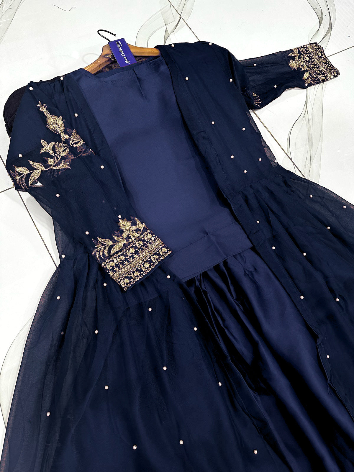 Embroidered With Front And Back Pearls Attached Gown And Embroidery Belt Attached Skirt With Top 3Pcs 👗❤️