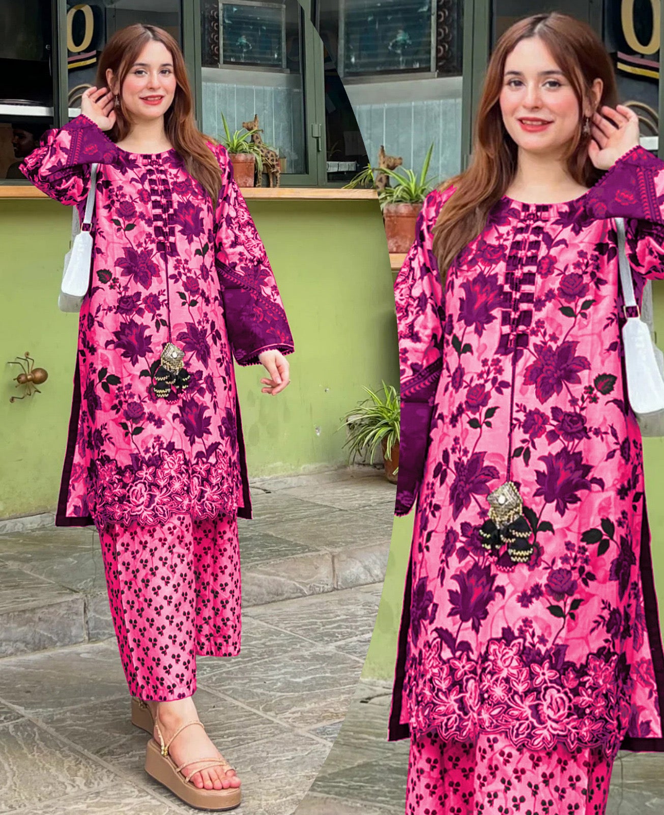 ❤️Front And Back Allover Digital Printed Handwork Shirt With Flapper Cord Set 3Pcs😍