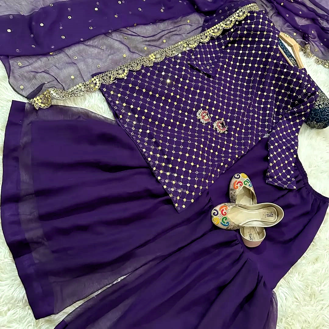 Eid Collection🎁Front and Sleeves 9MM Sequence Embroidered, with Cut Work 9MM Dupatta with Garara 3Piece🤩