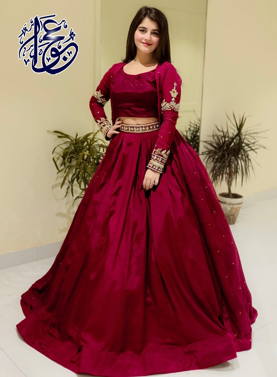Embroidered With Front And Back Pearls Attached Gown And Embroidery Belt Attached Skirt With Top 3Pcs 👗❤️