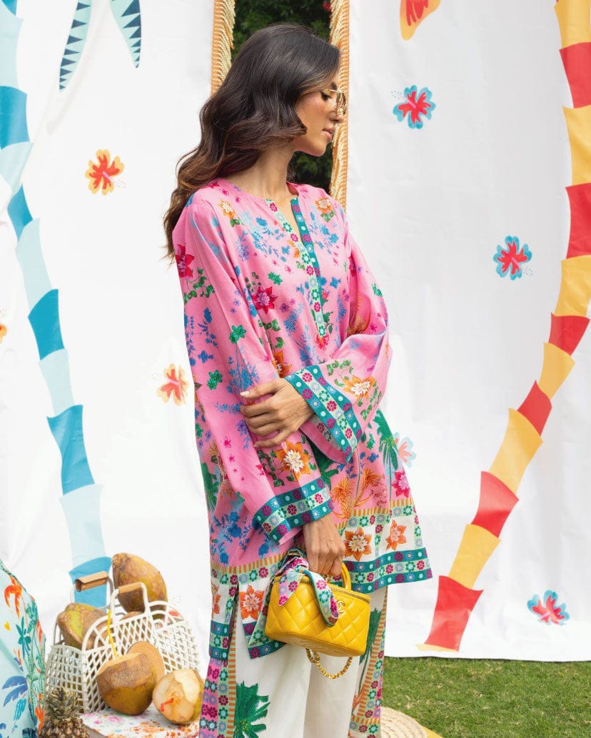 PALM PRINT SUMMER SUIT WITH EMBROIDERED DETAILS