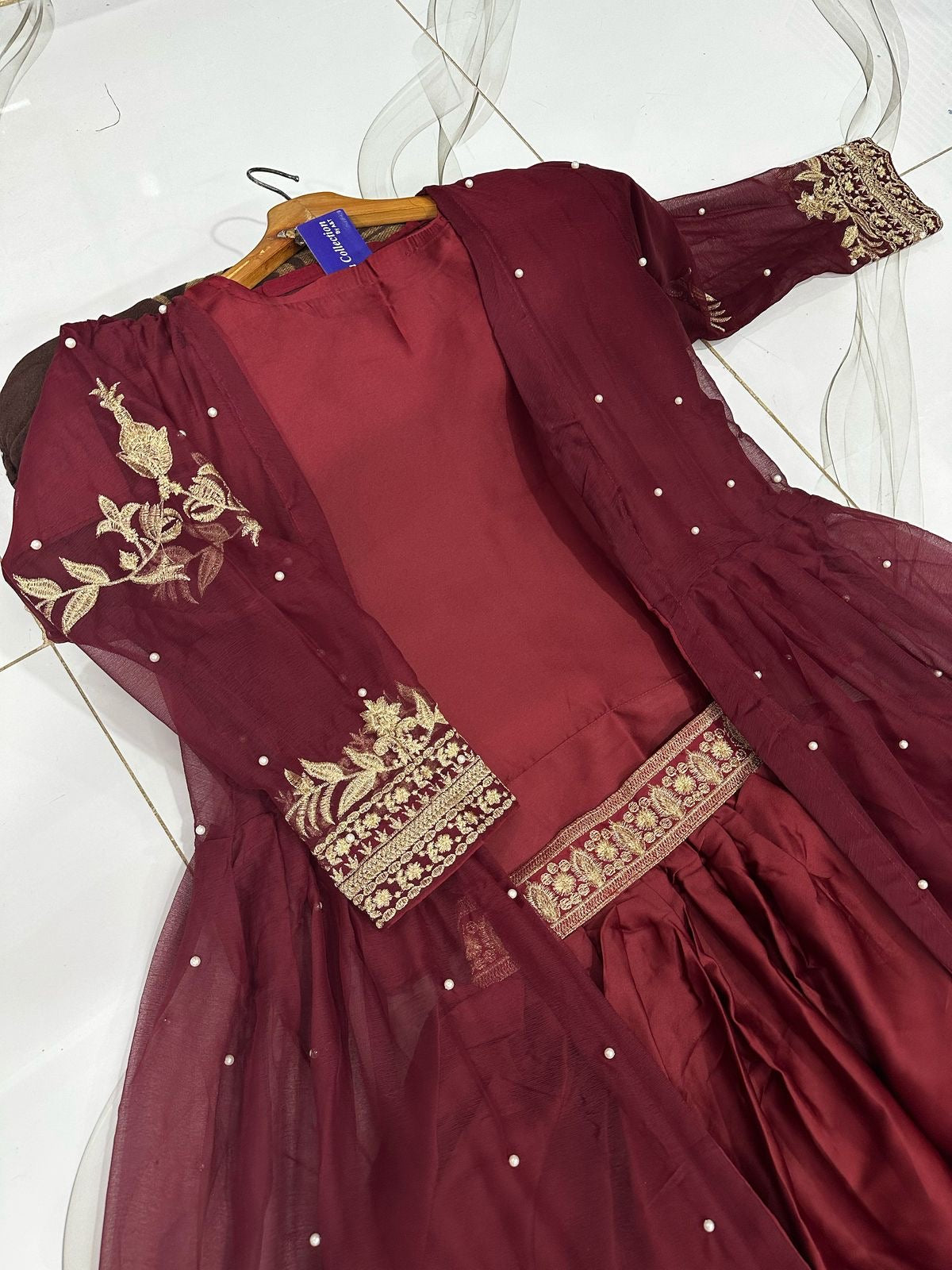 Embroidered With Front And Back Pearls Attached Gown And Embroidery Belt Attached Skirt With Top 3Pcs 👗❤️