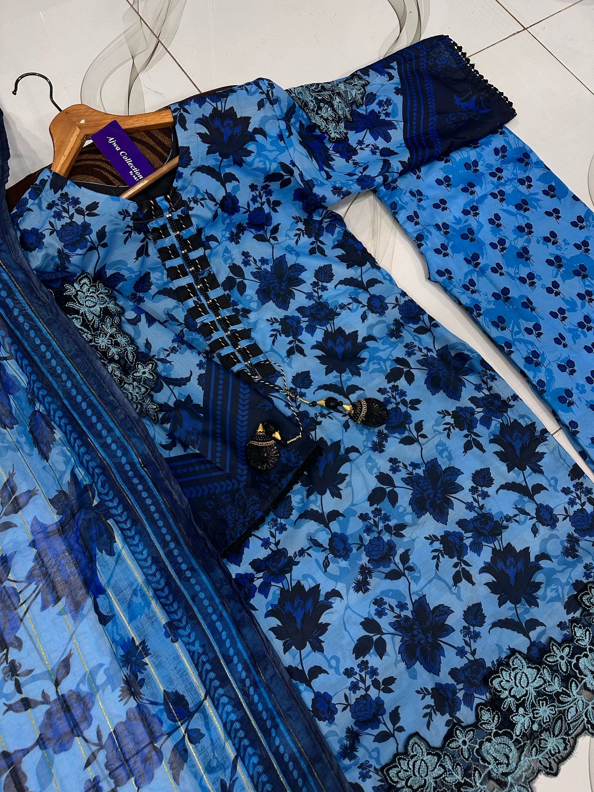 ❤️Front And Back Allover Digital Printed Handwork Shirt With Flapper Cord Set 3Pcs😍