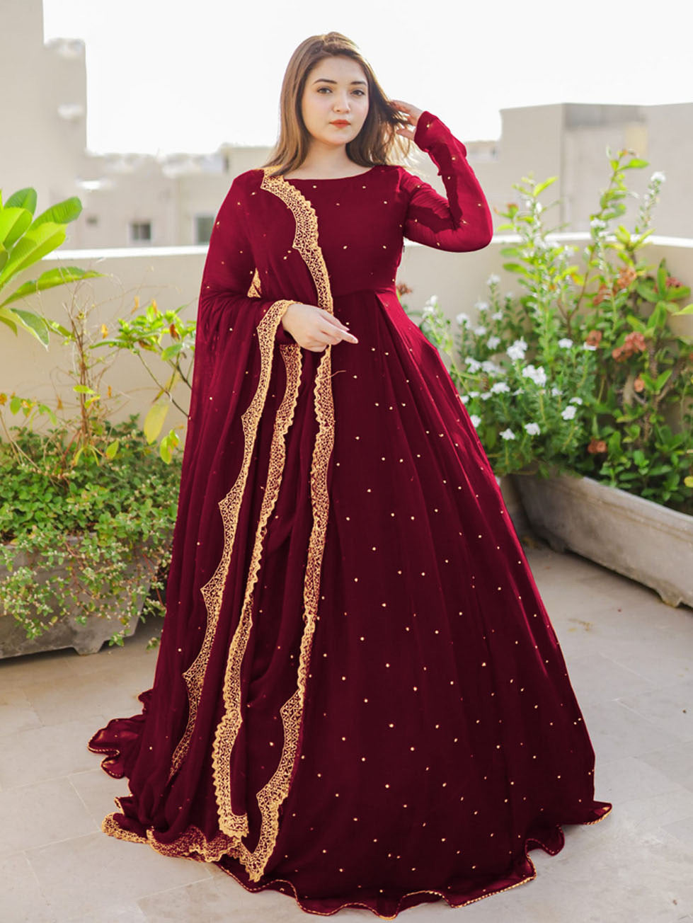 💕Pearls With Lace Work Long Flare Maxi with Embroidered and Pearls Dupatta and Trouser 3PCs ❤️