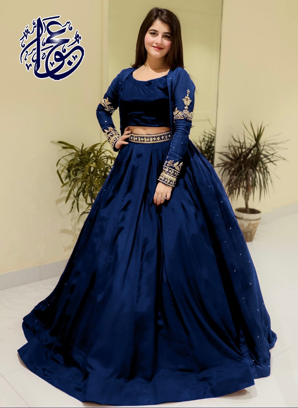 Embroidered With Front And Back Pearls Attached Gown And Embroidery Belt Attached Skirt With Top 3Pcs 👗❤️