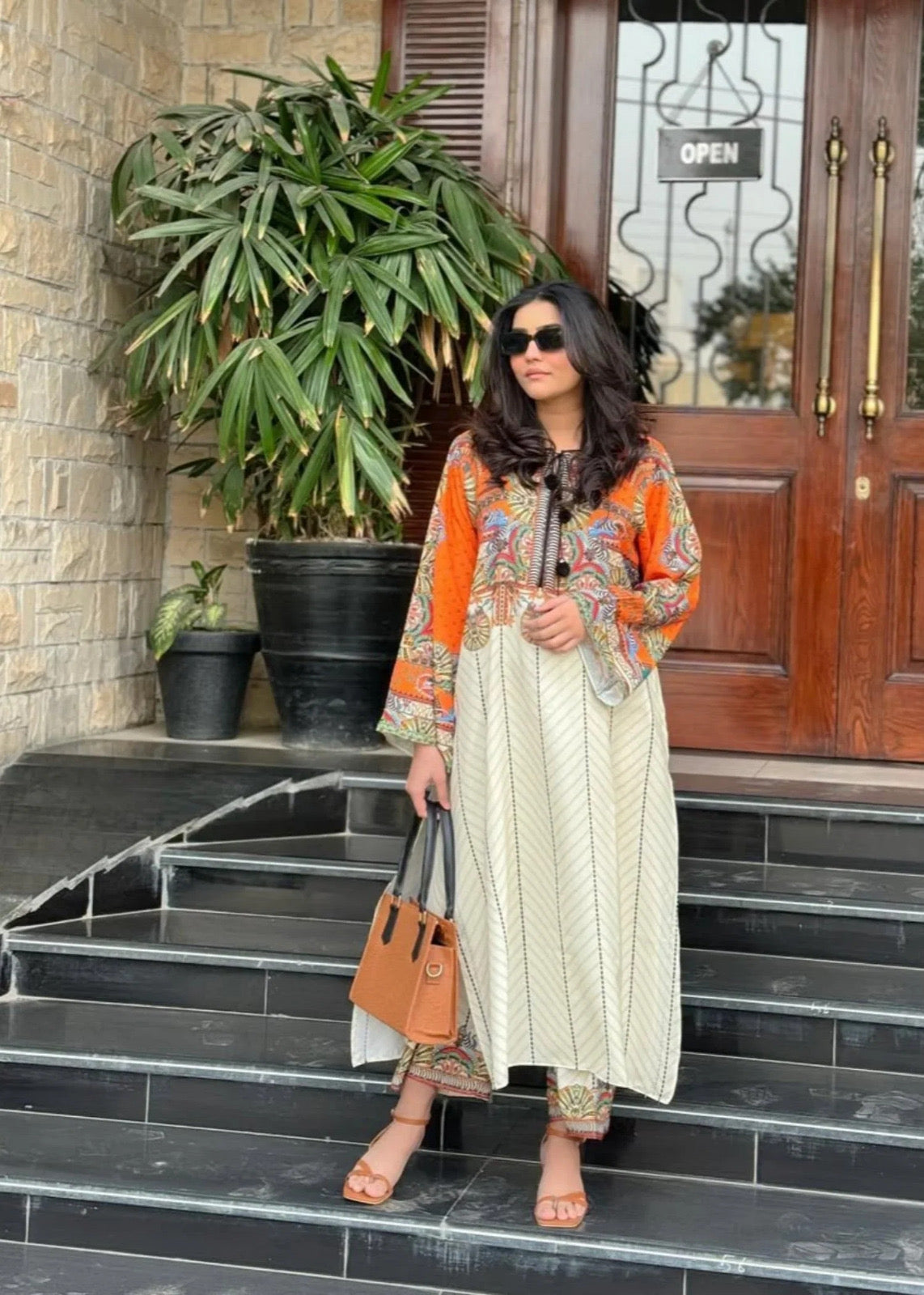 Front Dori Orange Printed Long Shirt With Printed Flapper 2Piece