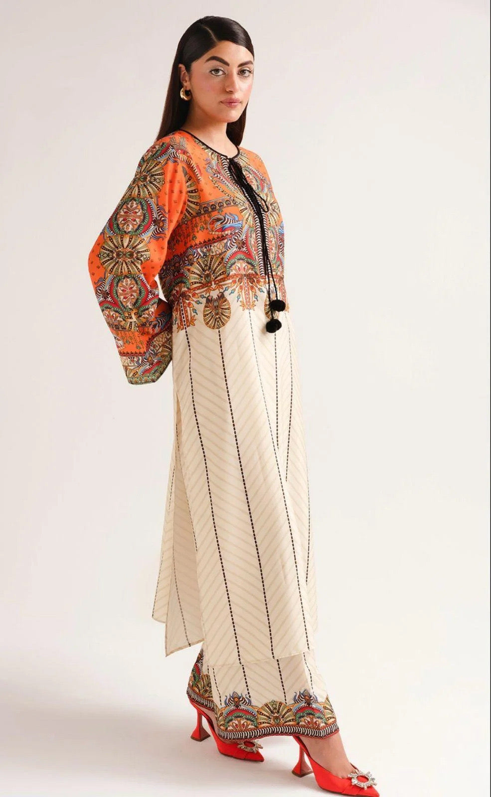 Front Dori Orange Printed Long Shirt With Printed Flapper 2Piece