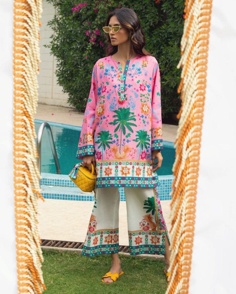 PALM PRINT SUMMER SUIT WITH EMBROIDERED DETAILS