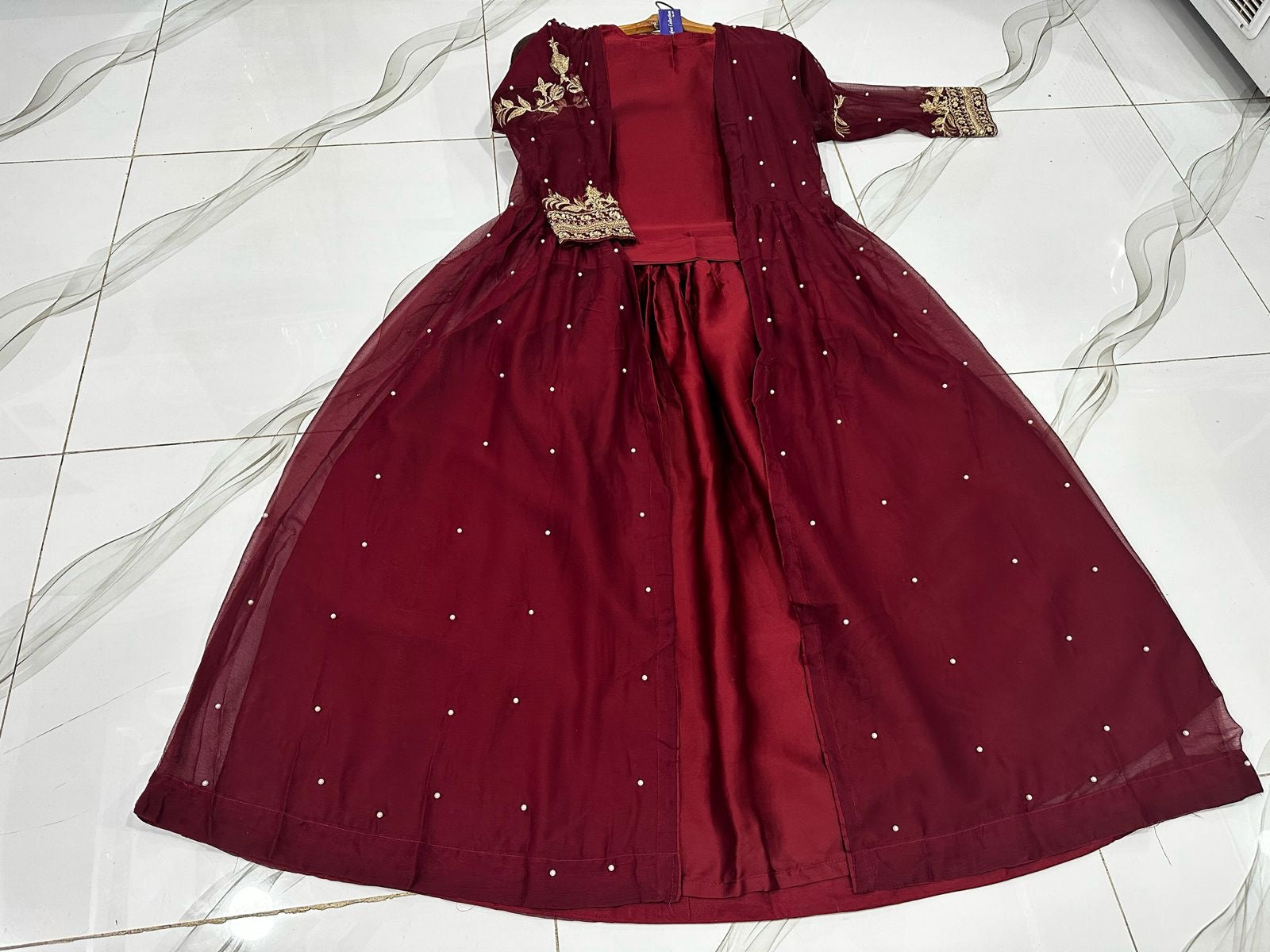 Embroidered With Front And Back Pearls Attached Gown And Embroidery Belt Attached Skirt With Top 3Pcs 👗❤️