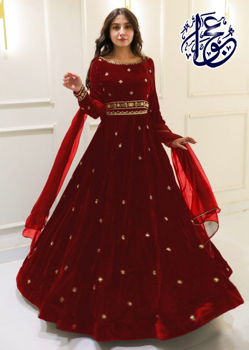 Neck,Sleeves Border Embroidered Top With Embroidered Skirt And Lace Work Dupatta Velvet 3Pcs 👗