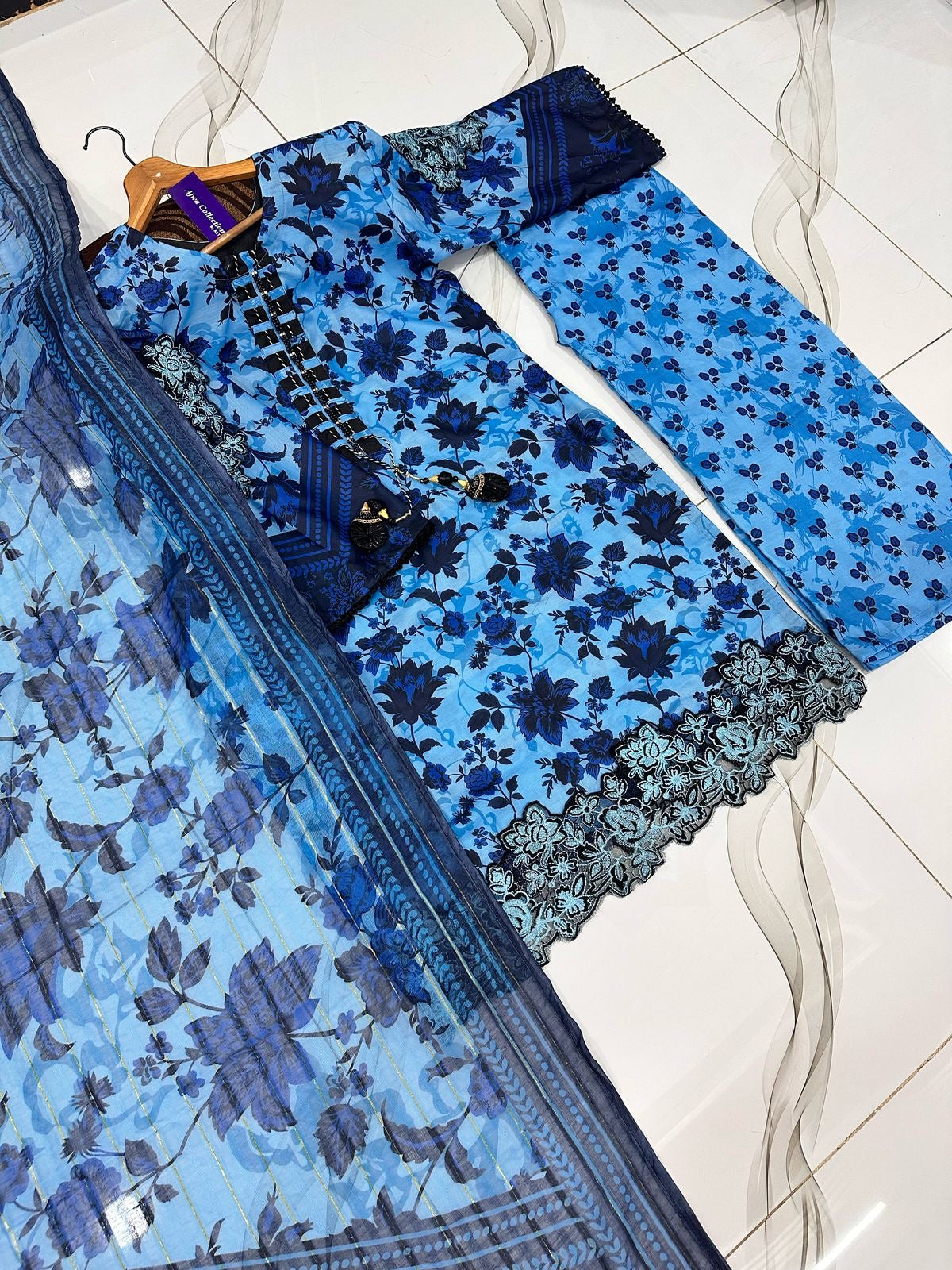 ❤️Front And Back Allover Digital Printed Handwork Shirt With Flapper Cord Set 3Pcs😍