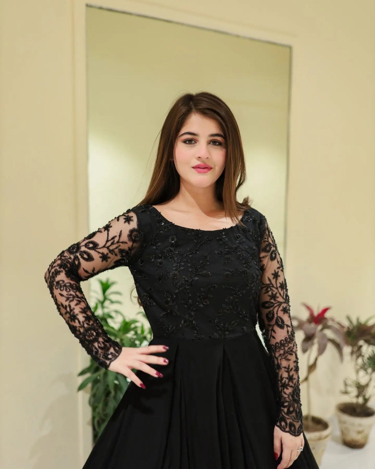 Sequence Embroidery work on Net Neck & Sleeves over Chiffon Maxi 👗