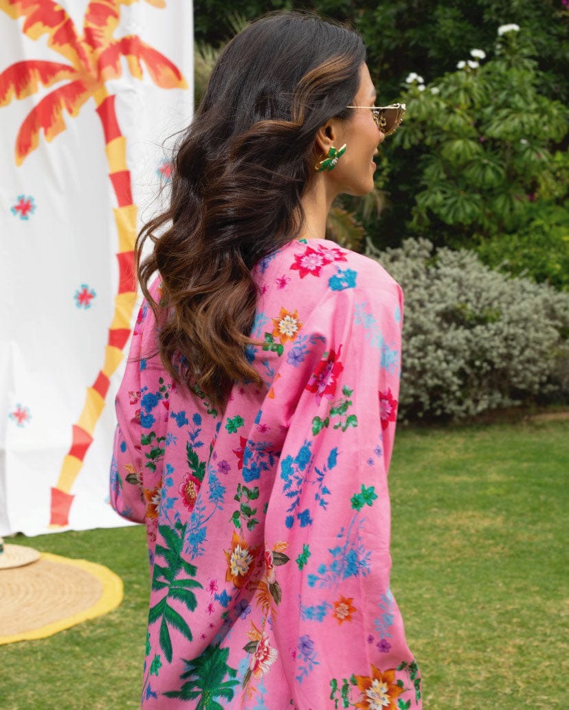 PALM PRINT SUMMER SUIT WITH EMBROIDERED DETAILS