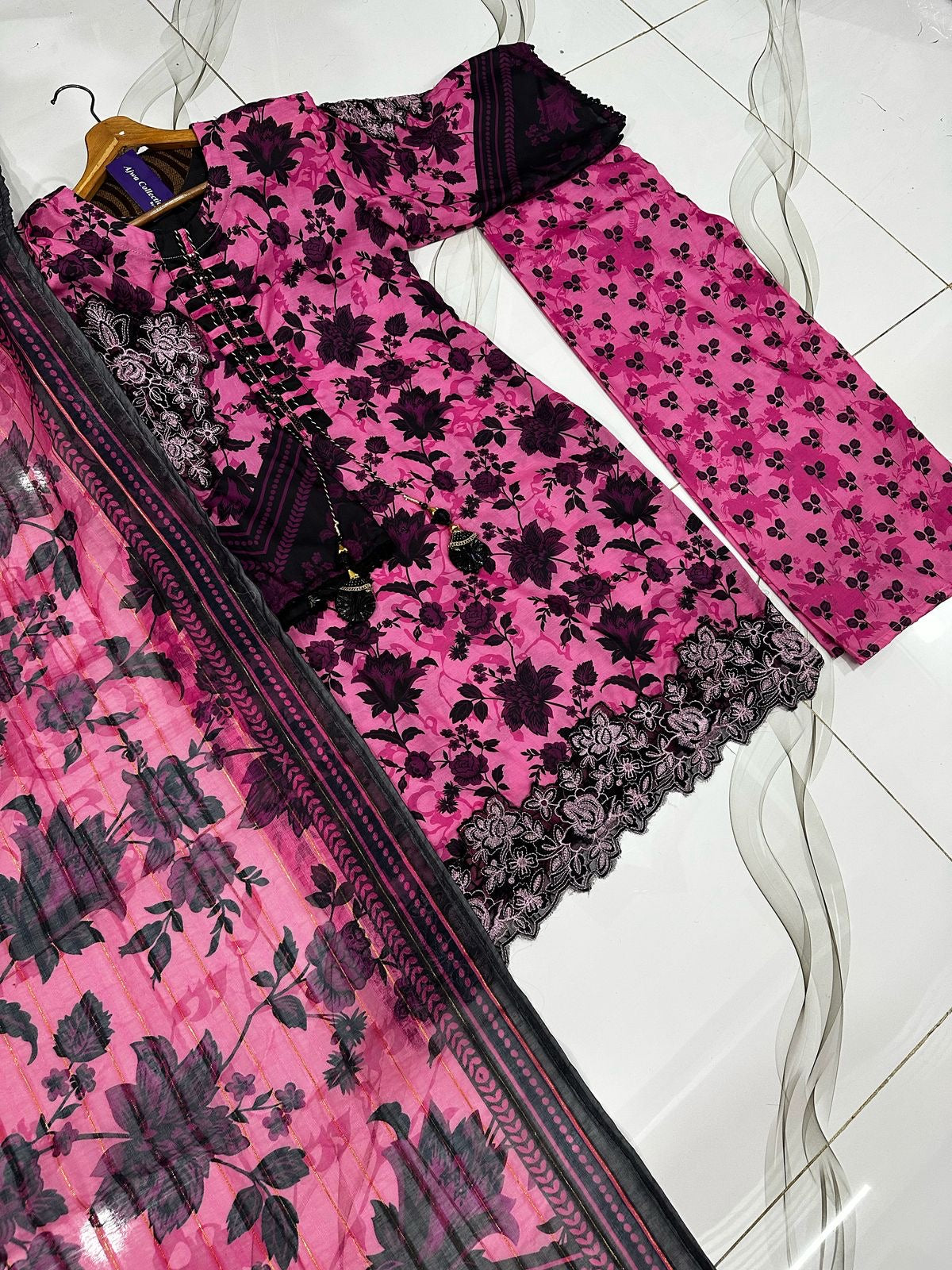 ❤️Front And Back Allover Digital Printed Handwork Shirt With Flapper Cord Set 3Pcs😍