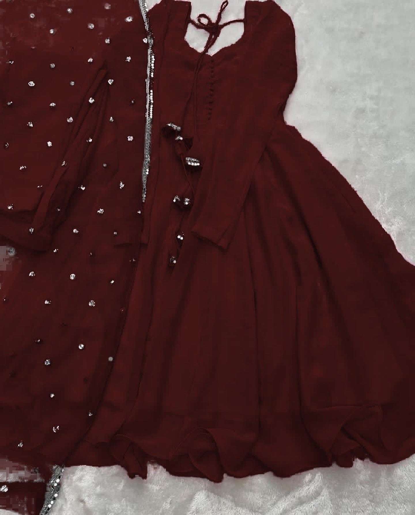 Chic V Neck Chiffon Maxi Set with Lace Dupatta (3PCs)