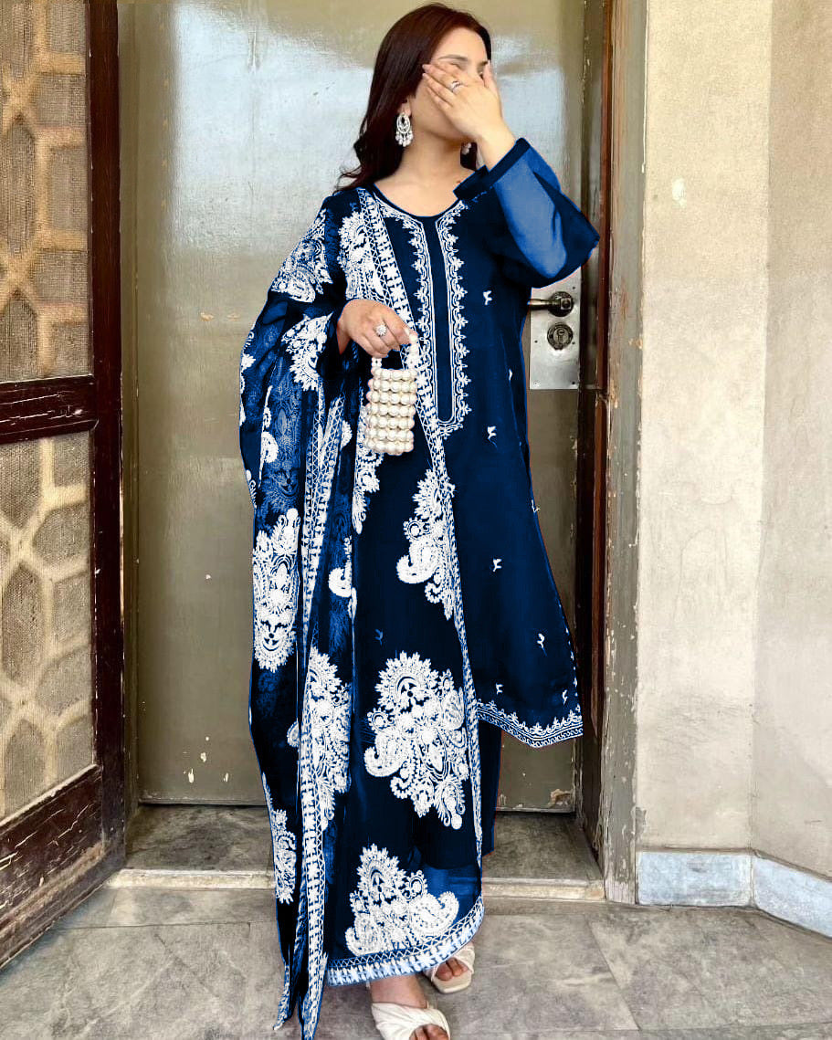 Heavy White Allover Embroidered Dupatta With Emb Shirt And Trouser 3Pcs ❤️❤️❤️