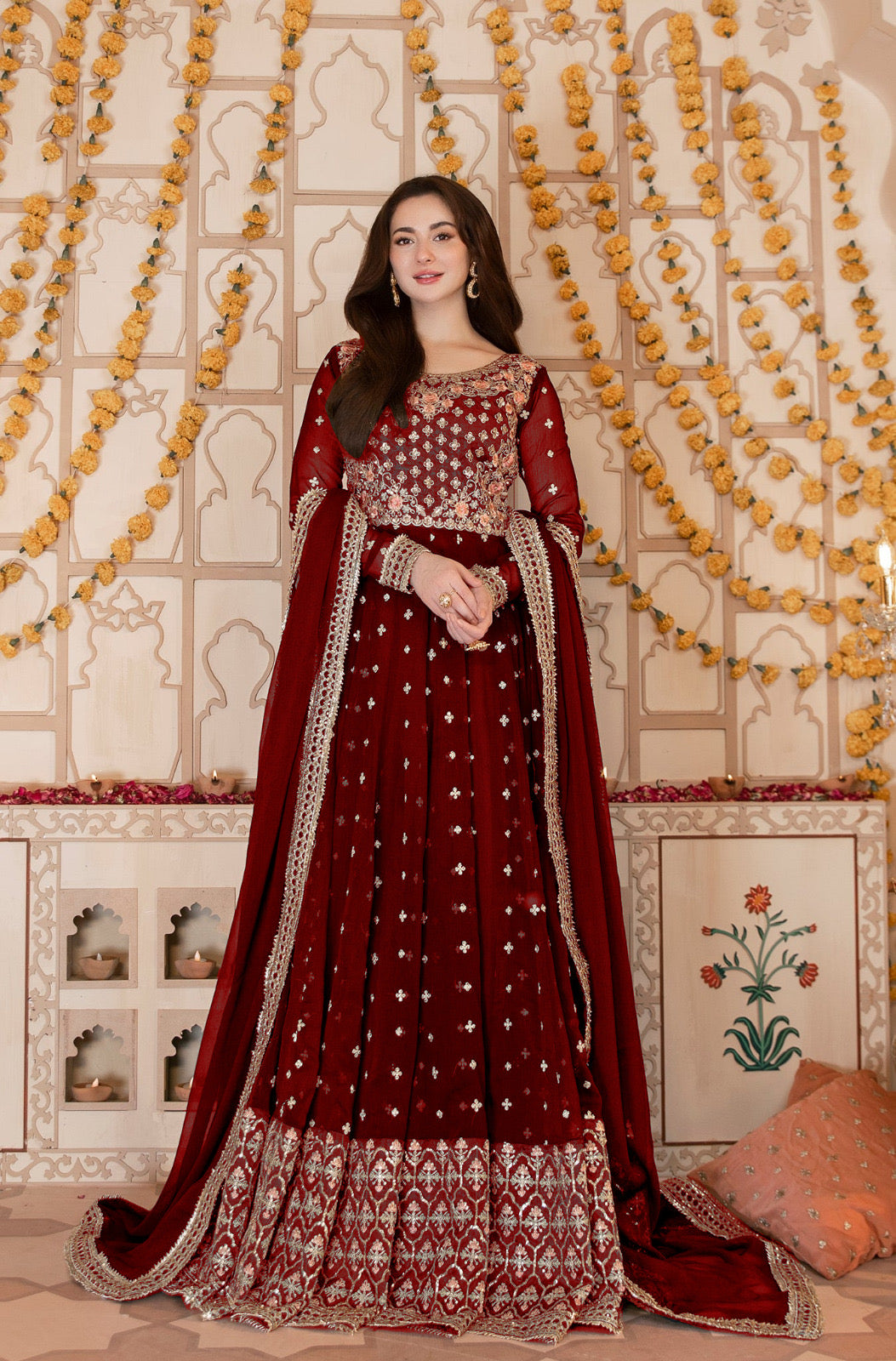 💕Front Heavy Colourful Neck,Sleeves Border Embroidery Maxi With Border Emb Dupatta 3Pcs🖤