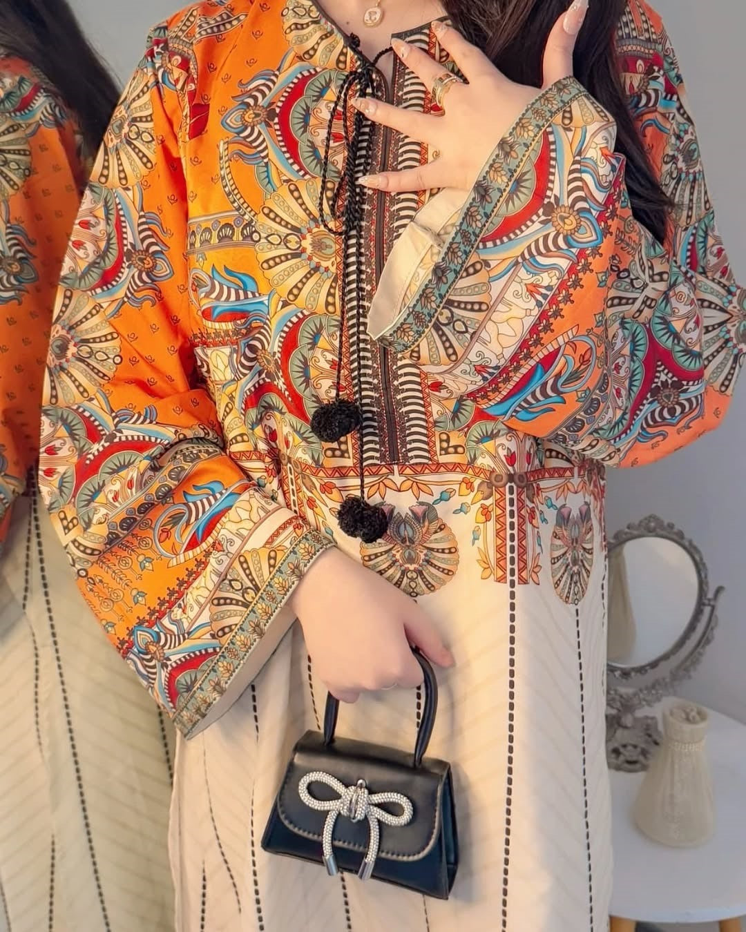Front Dori Orange Printed Long Shirt With Printed Flapper 2Piece