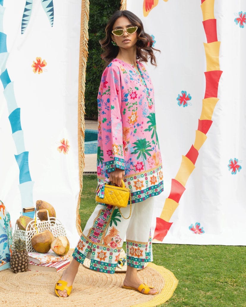 PALM PRINT SUMMER SUIT WITH EMBROIDERED DETAILS