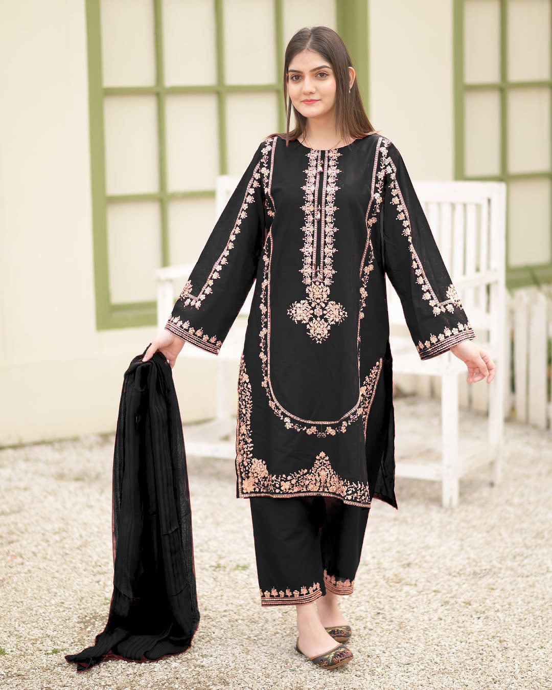 Sequence Embroidered on Shirt, Sleeves with Embroidered Trouser 3PCs 🖤