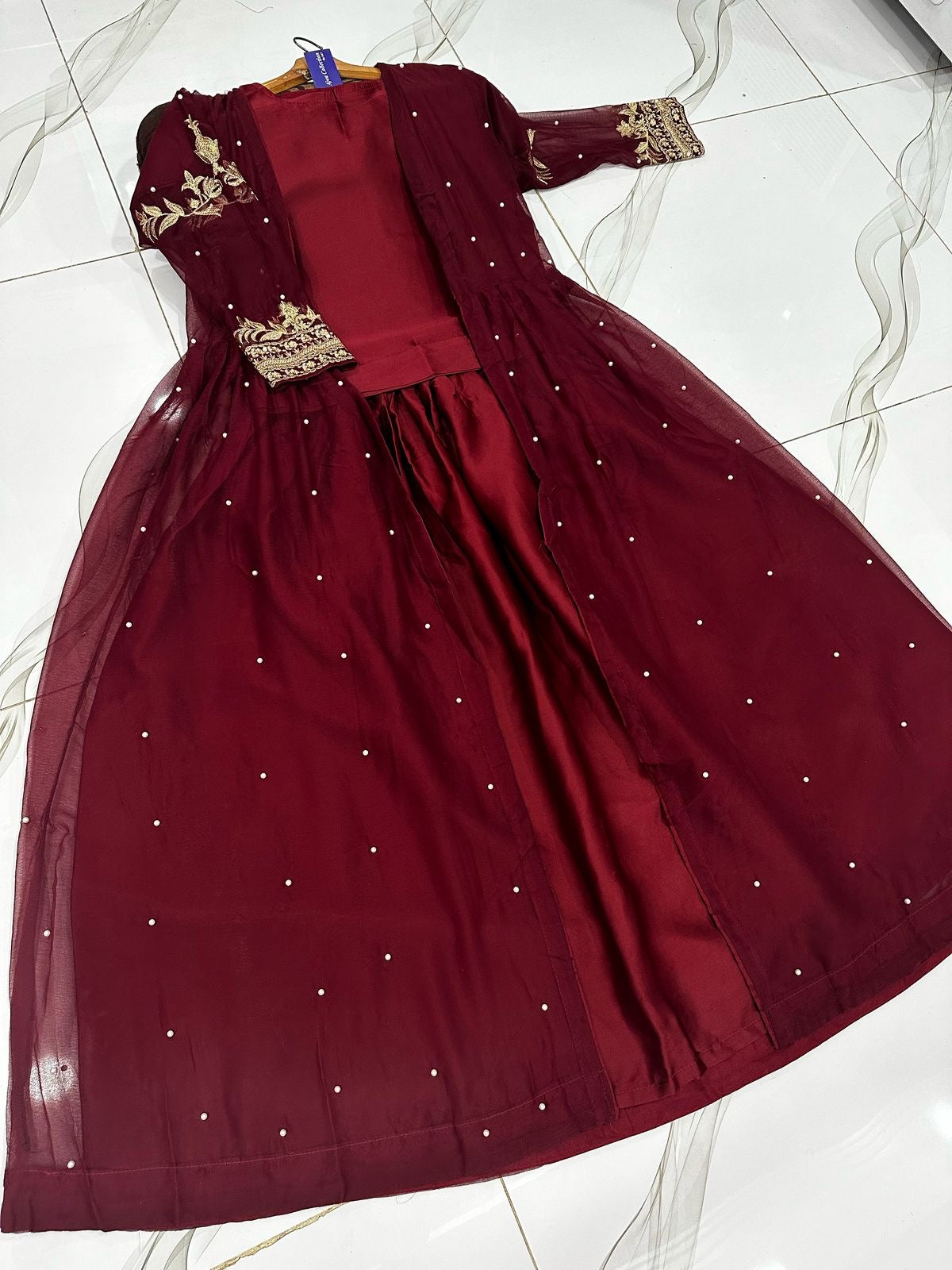 Embroidered With Front And Back Pearls Attached Gown And Embroidery Belt Attached Skirt With Top 3Pcs 👗❤️