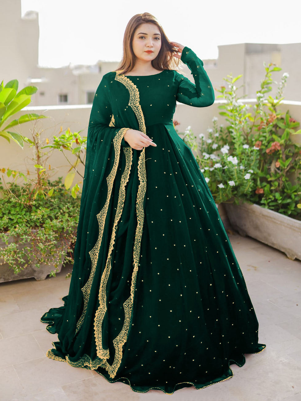 💕Pearls With Lace Work Long Flare Maxi with Embroidered and Pearls Dupatta and Trouser 3PCs ❤️