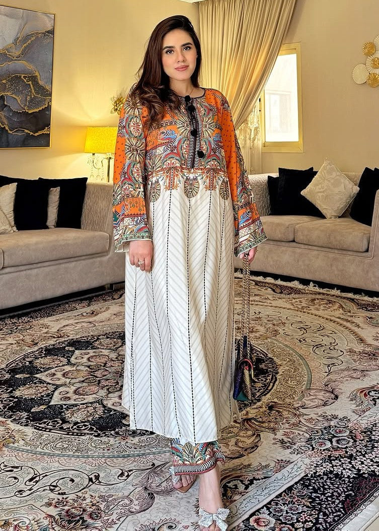 Front Dori Orange Printed Long Shirt With Printed Flapper 2Piece