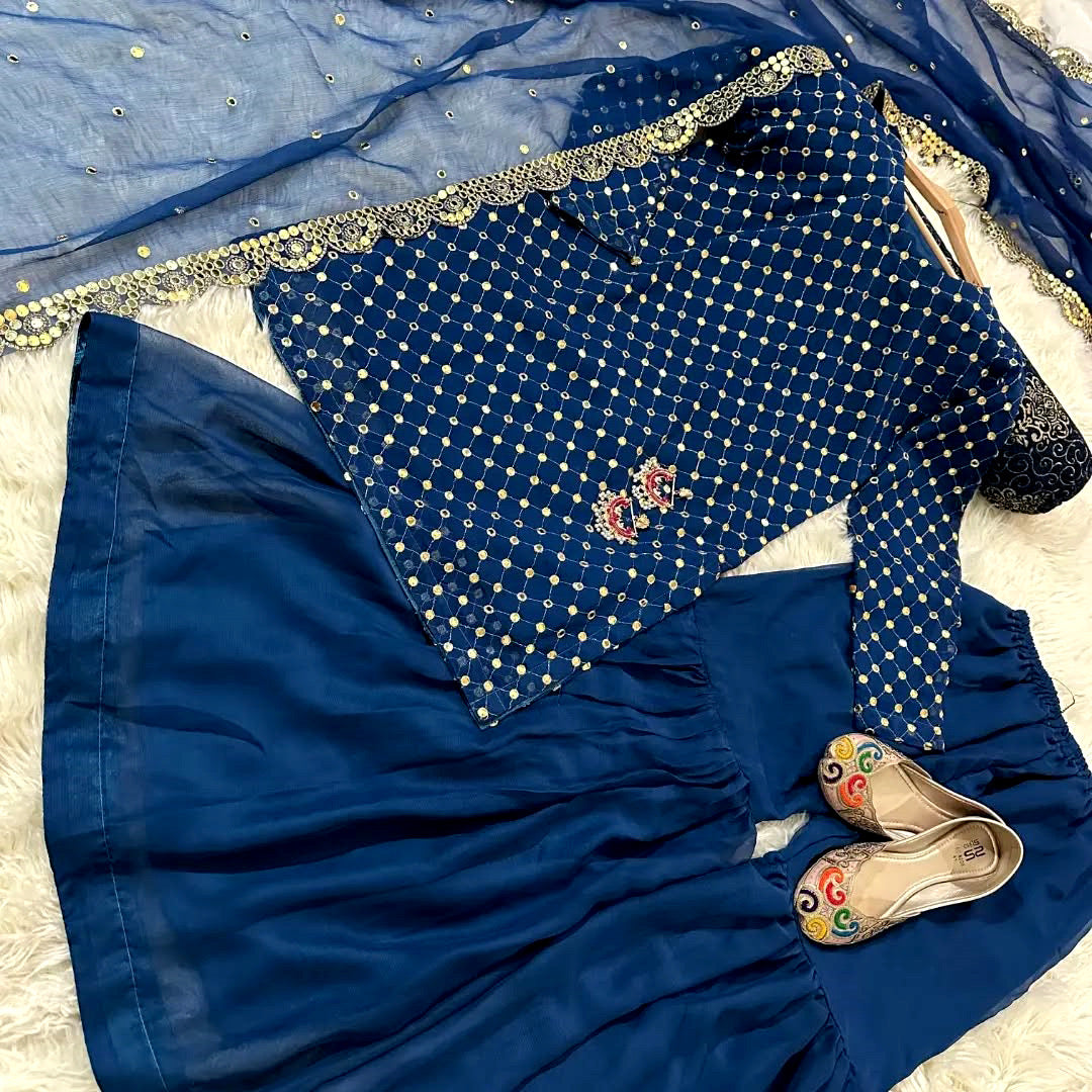Eid Collection🎁Front and Sleeves 9MM Sequence Embroidered, with Cut Work 9MM Dupatta with Garara 3Piece🤩