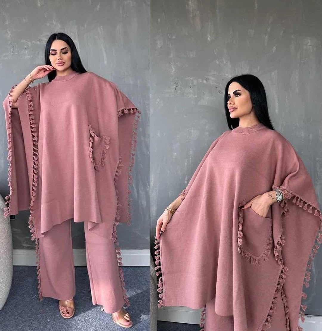 Open Shawl Style Lace Work 2-Pcs Winter Co-Ord Set.